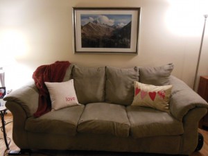 Valentine's Day Pillows on couch