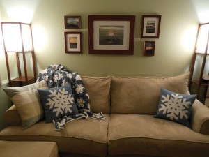 Snowflake pillows on couch